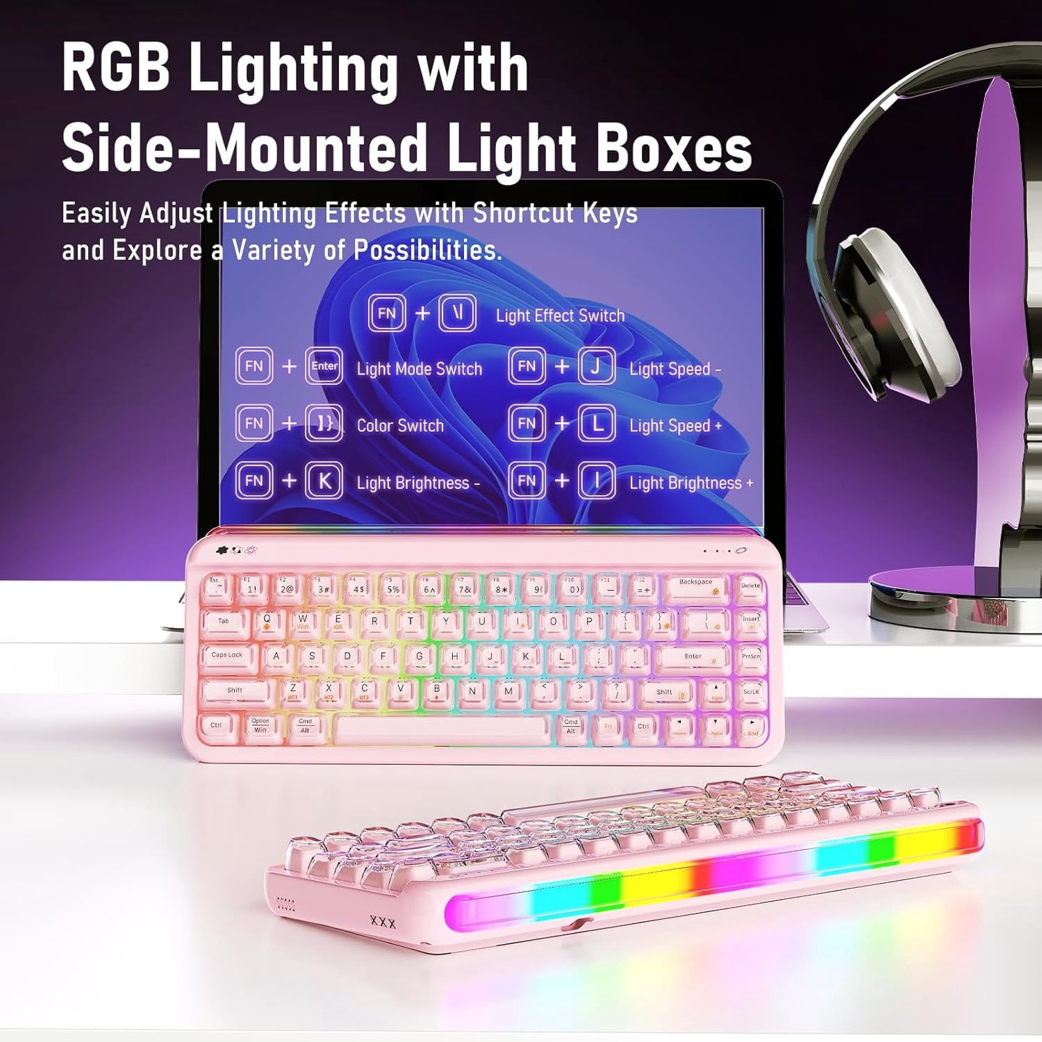 AF68 Membrane Keyboard, 68% Layout 68-Key Gaming Keyboard, 2.4 GHz/Type-C/BT, RGB Lighting Effects with Integrated Side Light Bar, 4000mAh , Translucent Keycaps