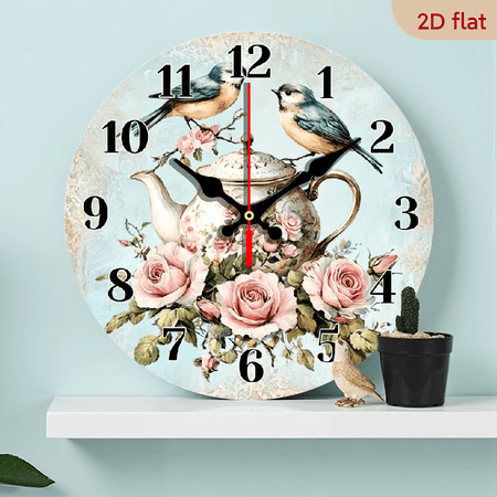 A 10-inch 2D flat wooden round wall clock, themed Garden Birds. Suitable for bedroom, living room, office decoration. Perfect as a Mother's Day and holiday gift.