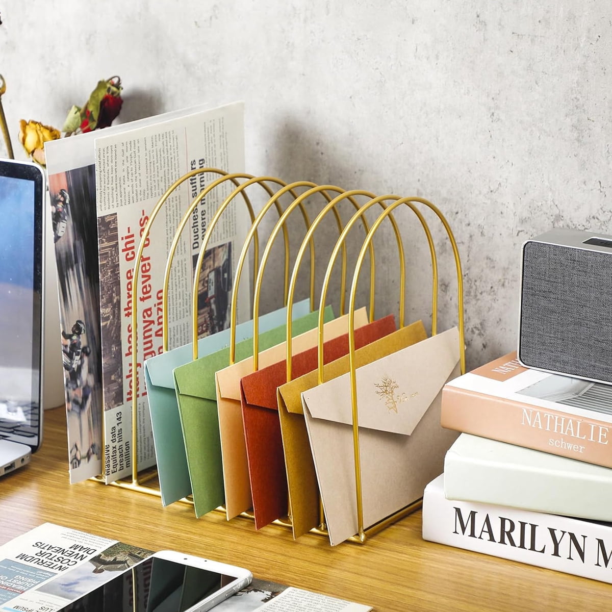 Gold Metal Wire File Folder Organizer Rack Vertical File Organizer for Desk Binder Holder File Sorter Stand - style:style3;
