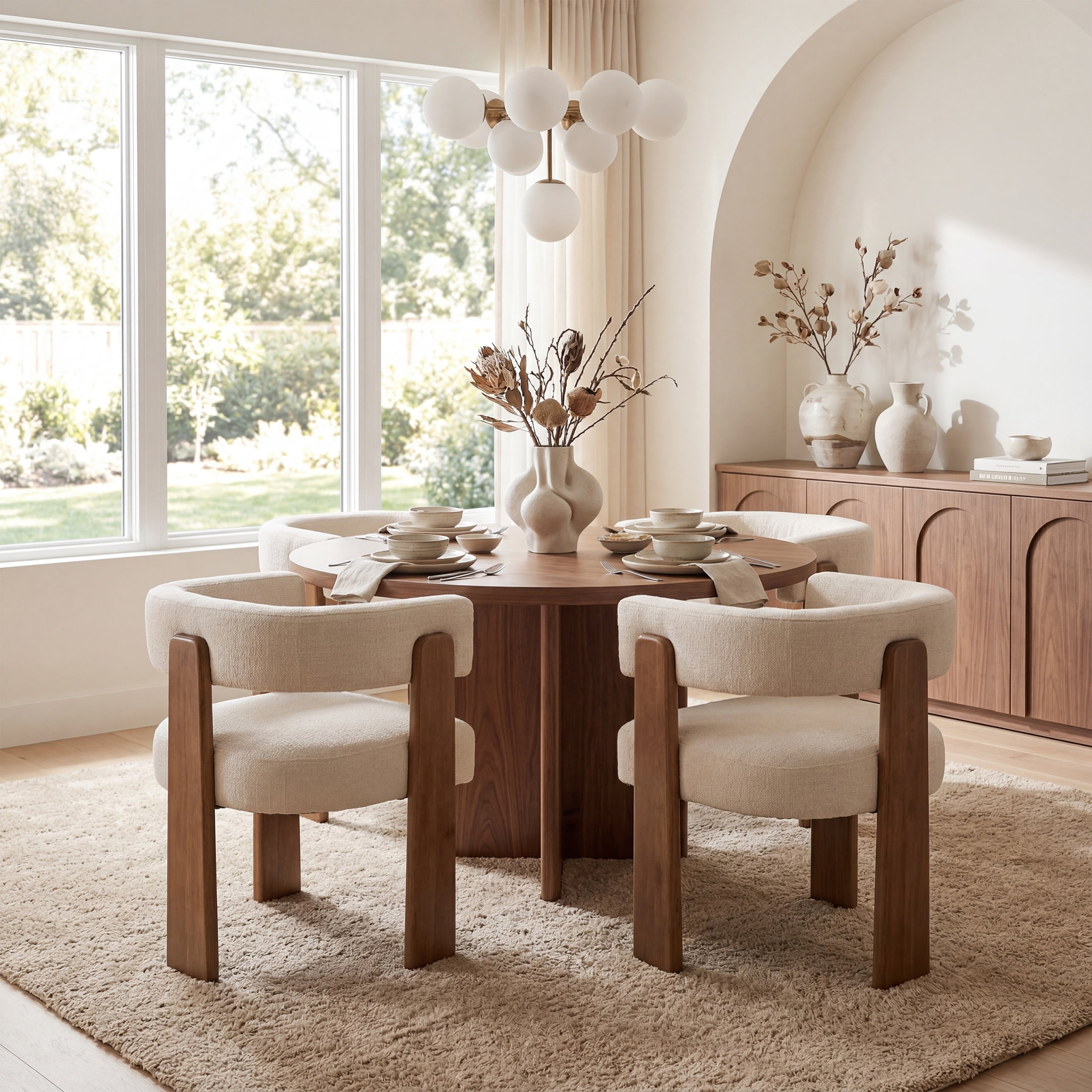 Guyou Barrel Dining Chairs Set of 2, Modern Linen Upholstered Dining Room Chairs with Curved Back, Farmhouse Wooden Accent Side Armchairs for Dining Room, Living Room, and Kitchen, White
