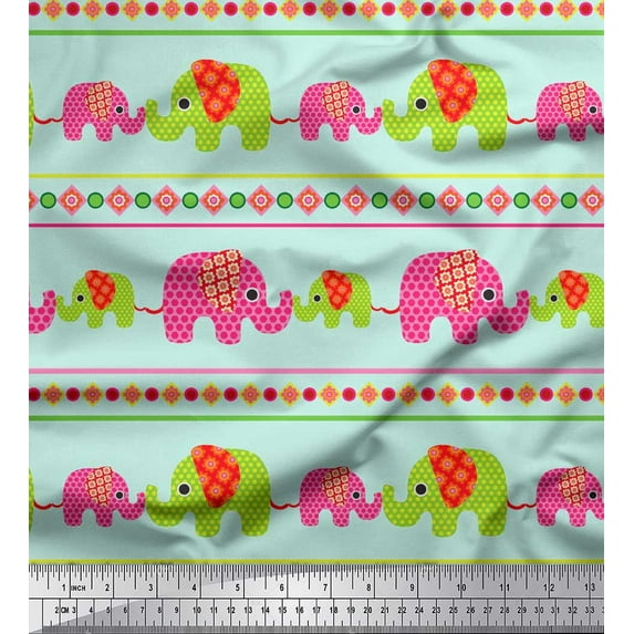 Soimoi Cotton Jersey Fabric Geometric Shapes,Stripe & Elephant Kids Printed Fabric 1 Yard 58 Inch Wide