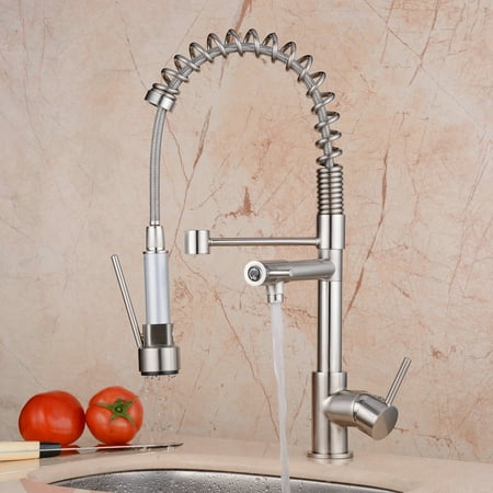 Catalina Brushed Brass Ollypulse Solid Brass One Hole Deck Mount Kitchen Sink Faucet with Swivel Pull Down Sprayer and Double Spout, Brushed Nickel ()