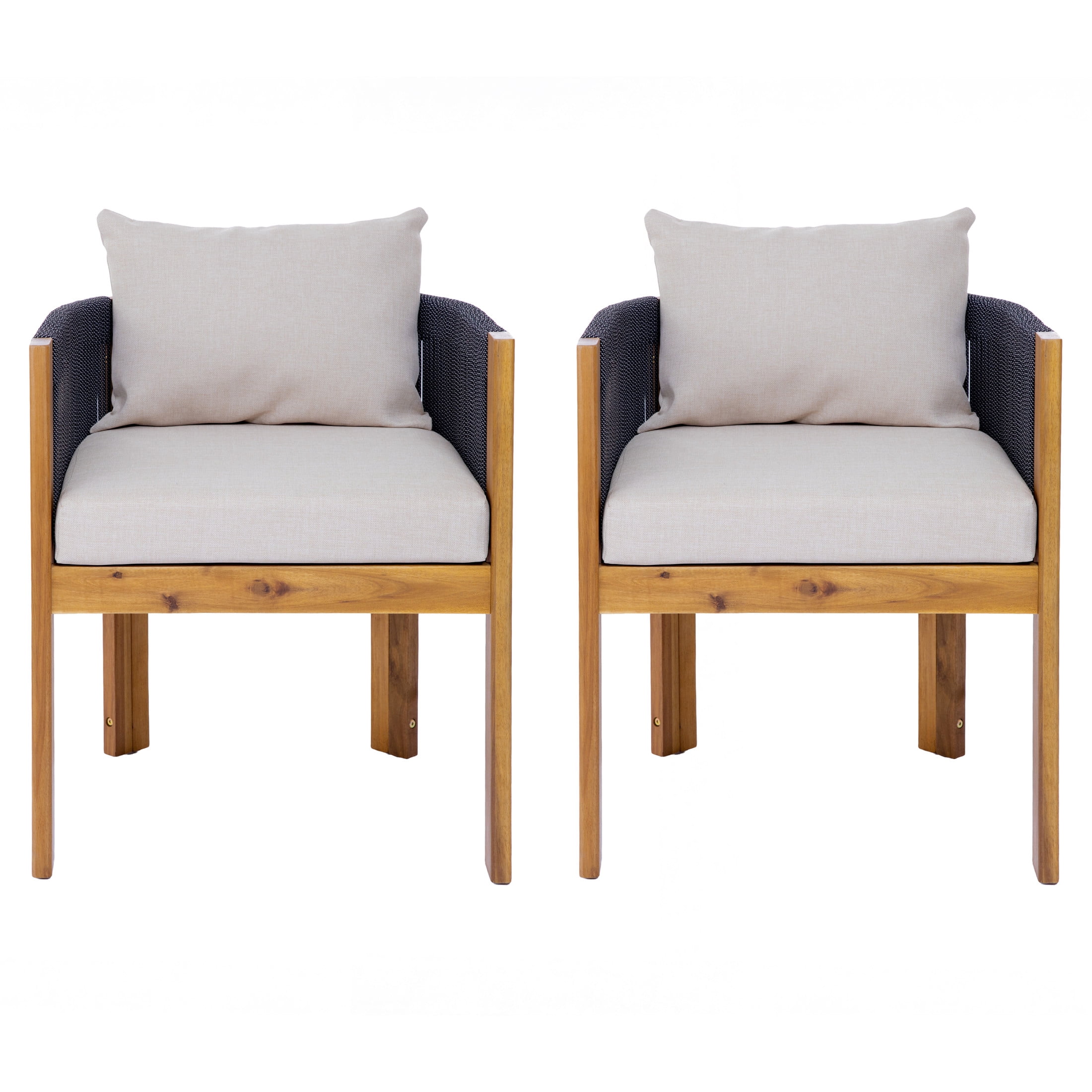 Christopher Knight Home Coastal Outdoor Woven Rope Outdoor Lounge Chairs, Solid Wood Frames, Set of 2, Sand Cushions