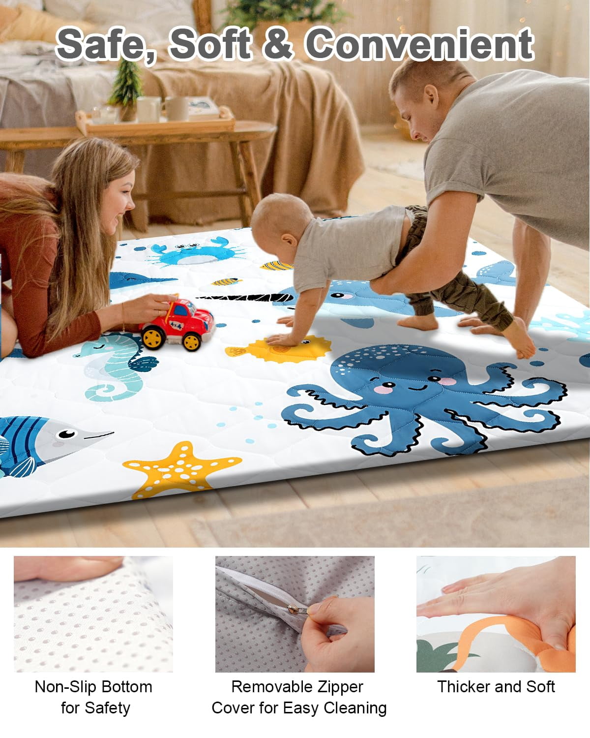 Premium Foam Baby Play Mat 59x59 – Removable & Machine Washable Cover, Extra Thick Padding Playpen Mat, Non-Slip Crawling Mat, Easy to Clean for Infants, Toddlers & Babies