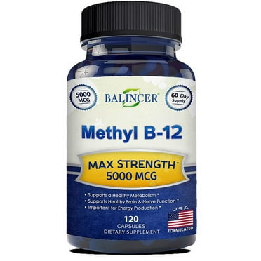 Vitamin B12-5000 MCG Supplement with Methylcobalamin (Methyl B-12) - Max Strength Vitamin B 12 Support to Help Boost Natural Energy, Benefit Brain & Heart Function - 120 Capsules