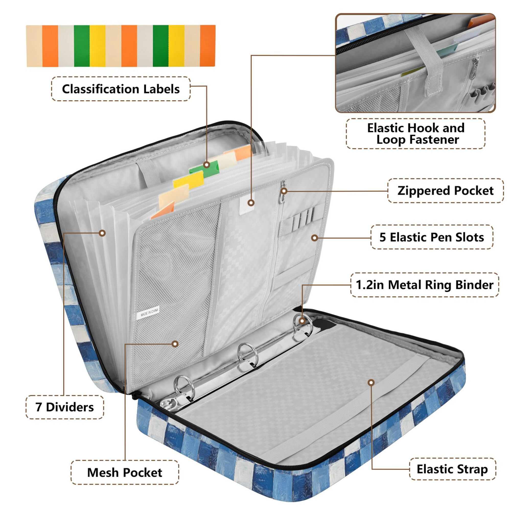 FORMRS Accordion File Folder A4 Size 7-Pocket Expanding Document Organizer Bag with 3 Ring Binder, Blue and Gray Plaid Pattern