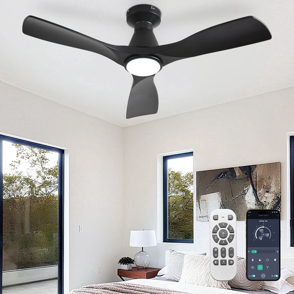 42-Inch Low Profile Flush Mount Ceiling Fan with Light - Black 3-Blade, Remote APP Control, Dimmable & Timer, Ultra Quiet DC Motor, Hanging Fan for Indoor/Outdoor Use