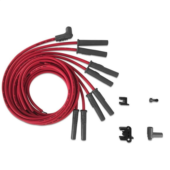 MSD Ignition Spark Plug Wire Set 31189 Super Conductor; Unassembled; Red; 8-1/2 Millimeter; Silicone and Synthetic; Straight Spark Plug Boots; 40 - 50 Ohms Per Foot Resistance; For 8 Cylinder Engines