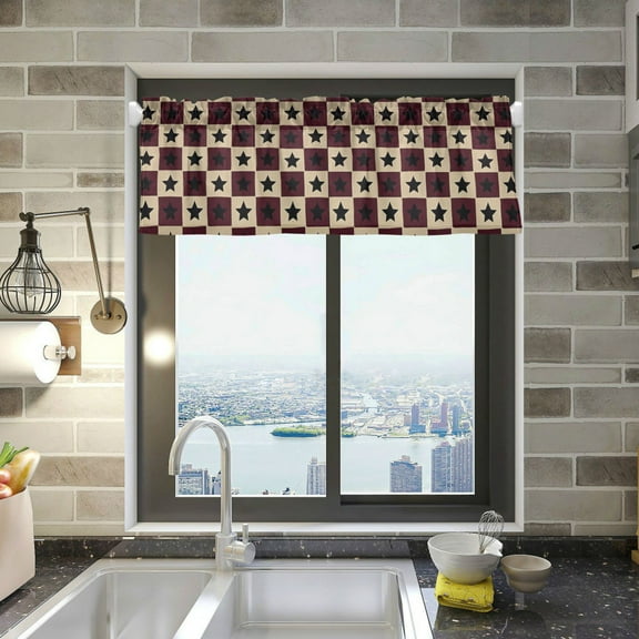 Yayeee Kitchen Valance Rod Pocket 54" x 18" Living Room Window Curtain, Checkered Stars Pattern