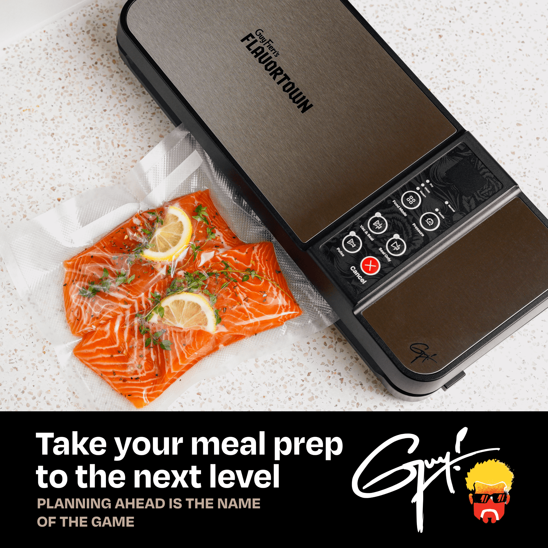 Guy Fieri's Flavortown Compact Vacuum Sealer with Built-In Roll Storage and Dry & Moist Modes - Includes Starter Kit (5) Quart Size Bags, 10ft Roll, and Accessory Hose for Containers and Bottles