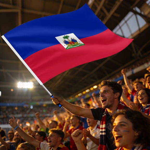 Haiti National Fan Flag with 63in Extendable Pole - 39.4x59.1in Large Haitian Banner with Palm Tree Emblem for Sports Events & Celebrations