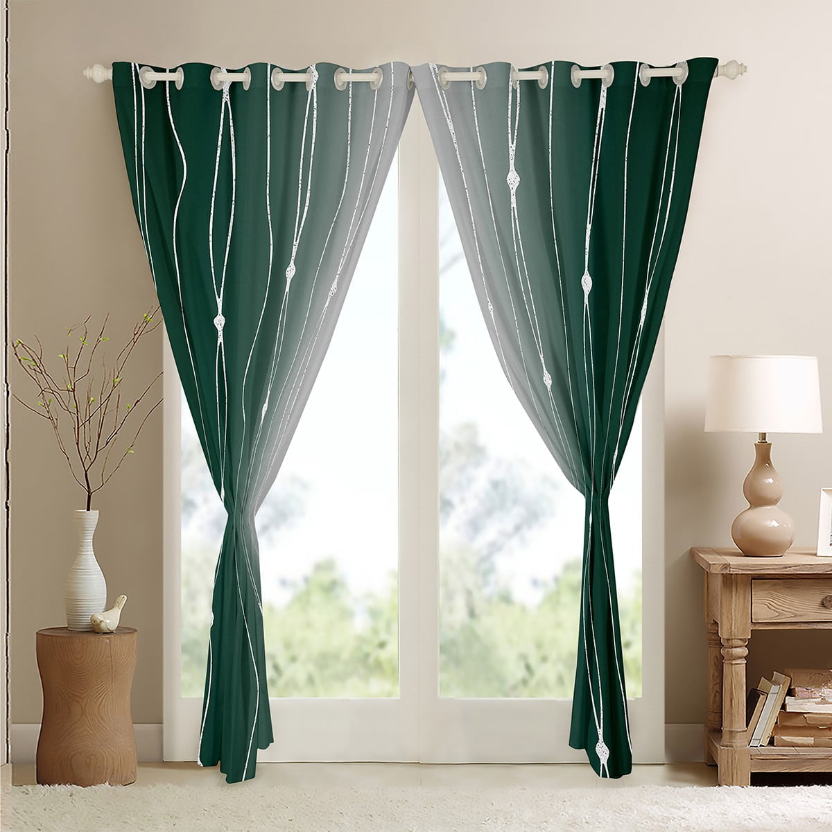 Erosebridal Green and Grey Gradient Blackout Curtains Aesthetic Ombre Curtains & Drapes, Emerald Watercolor Curtains Geometric Wave Window Drapes, Abstract Lines Black Out Curtains