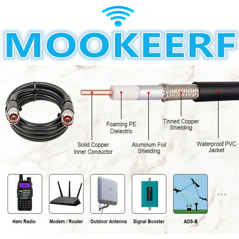 10 ft N Male to N Male Cable (50 Ohm), MOOKEERF Pure Copper Low