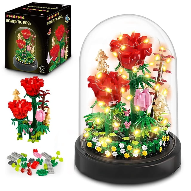 Set de construcción HOGOKIDS con ramo de flores con LED, 596 unidades, rosa roja