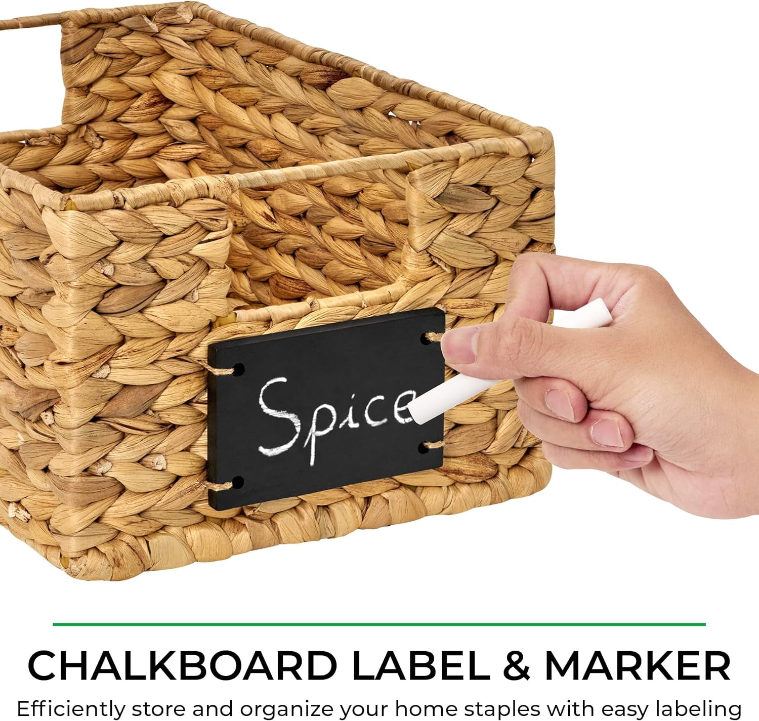 BARIEN 6 Pcs 12" x 9" x 6" Natural Water Hyacinth Woven Storage Baskets, Rectangular Wicker Basket with Built-in Handles, Woven Cube Storage Bin with Chalkboard Label Chalk Marker