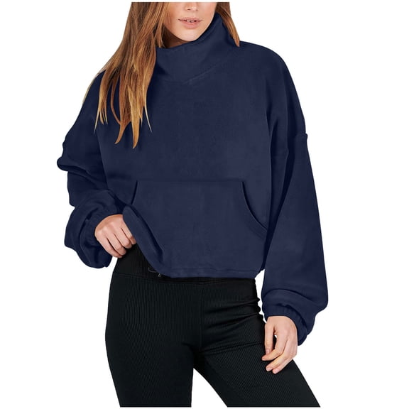 YgkuHd Women's Cropped Long Sleeve Sweatshirt Fall Winter Casual Stand Collar Full Fleece Jacket,Navy_L