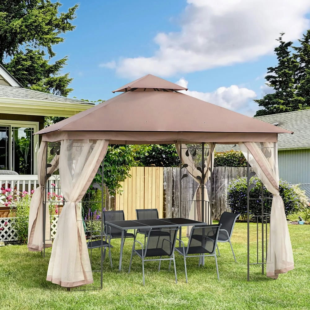 GVN Patio Garden Pergola, Pergola Canopy,10' x 10' Double Roof Outdoor Gazebo Canopy Shelter with Tree Motifs Corner Frame and Netting, Brown