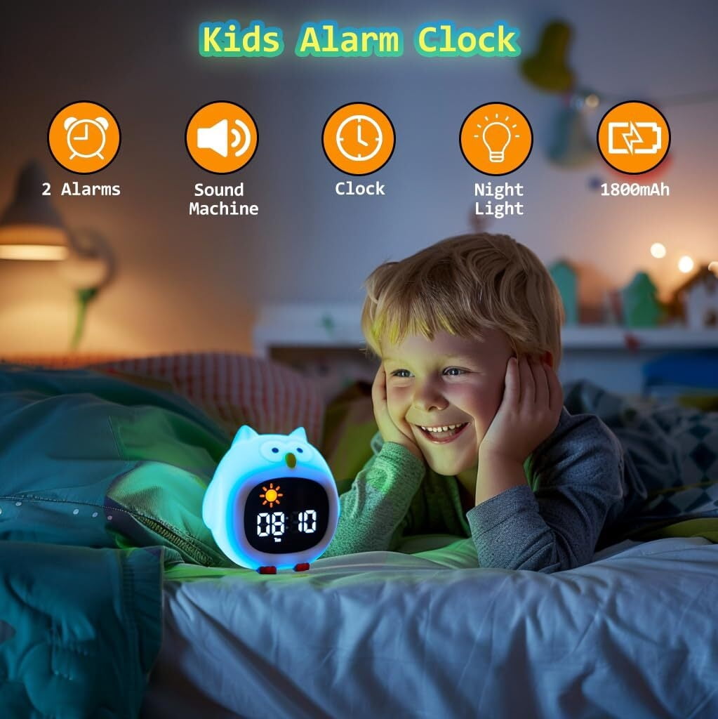 Alarm Clock with Sound Machine for Kids, 6 White Noises and 9 Colors Night Light, Ok to Wake Clock, Include 1800mAh Battery for Portability and Memory Function, for Kids