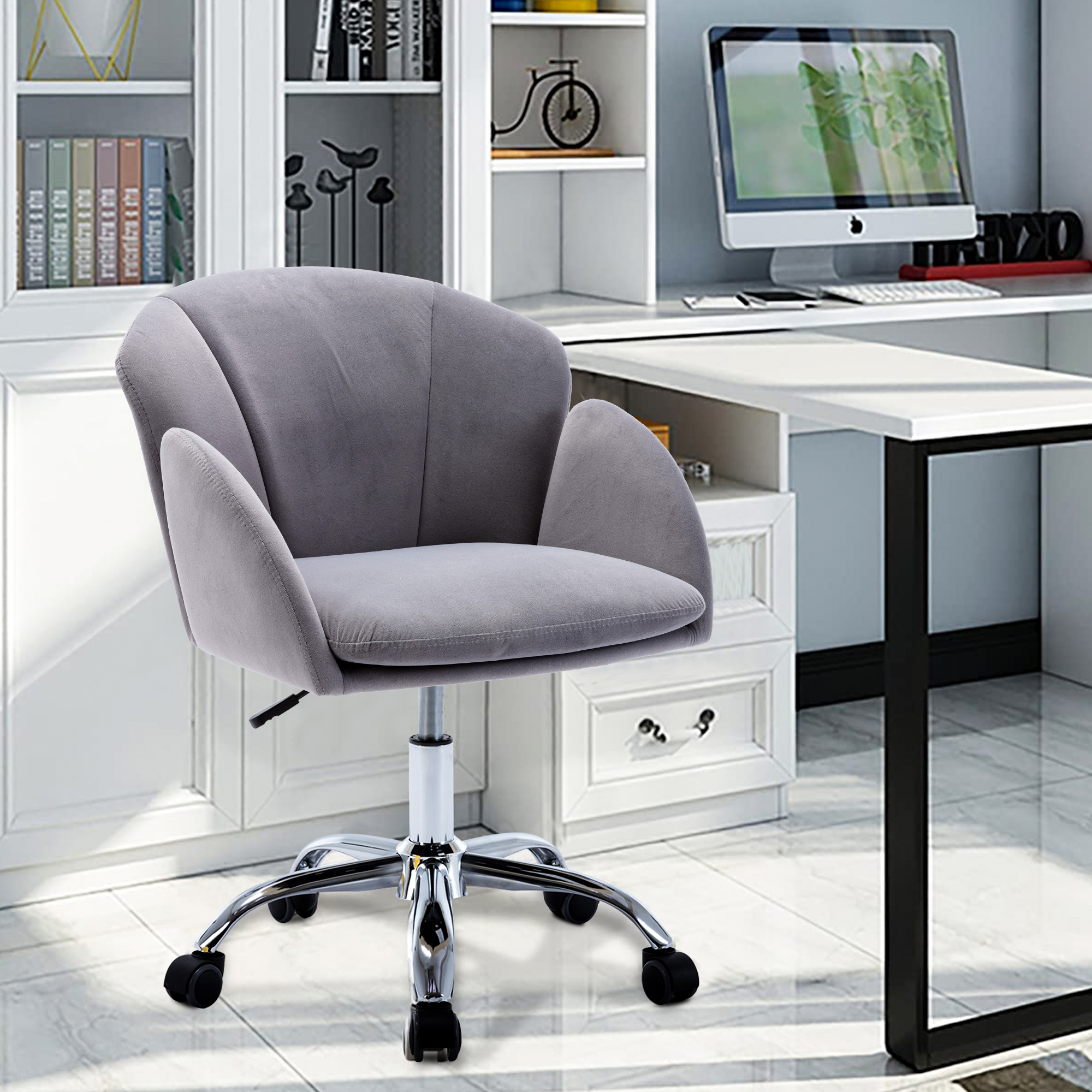 Office Chair With Wheels Cute Swivel Desk Chair Grey No Arms Velvet Office Chair Adjustable Height Office Desk Chair For Living Room Bedroom Vanity Te465 Walmart Com