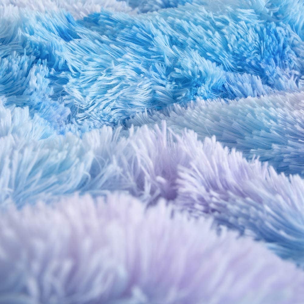 Wajade Plush Shaggy Comforter Set Fluffy Fuzzy Faux Fur Bedding Set - 3PC Microfiber Soft Warm Quilt Set(Galaxy Blue,Queen Size)
