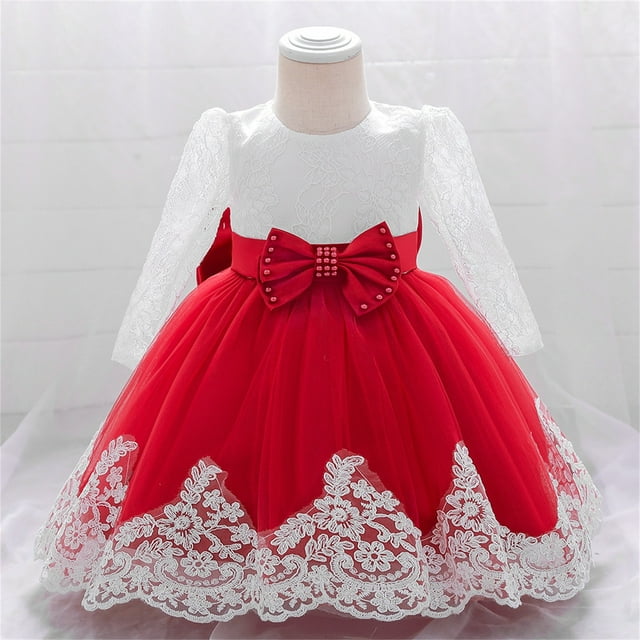 Girls Dresses Baby Girls Ruffle Long Sleeve Lace Bowknot Flower Dresses for Pageant Wedding Party