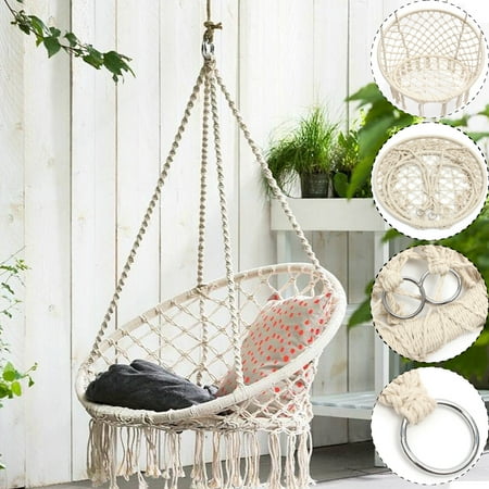 Wooden Hammock Swing 260LB Indoor Hanging Hammock Cotton Woven Rope Wooden Bar Swing Patio Chair Seat Garden 47.2