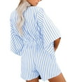 thumbnail image 3 of UYISJ Women's Summer Trendy Casual Rompers V Neck Tie Front Short Jumpsuits Striped 3/4 Sleeve Loose Rompers With Pockets Light Blue L, 3 of 8