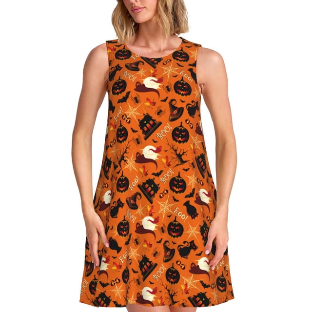 Fotbe Retro Halloween Vestido de Verano sin Mangas para Mujer – Vestido Midi Línea A, Estilo Camiseta Floral, Vestido Playero Casual y Fluido