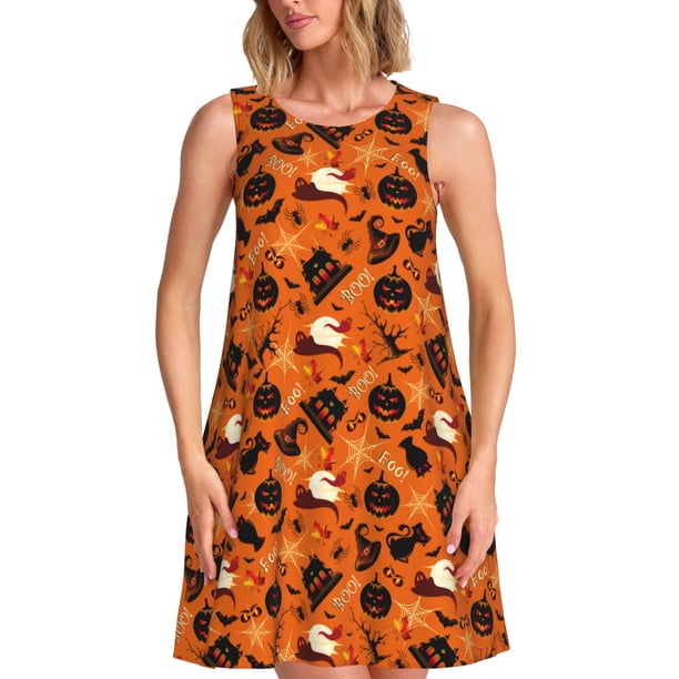 Balery Retro Halloween Vestidos de verano para mujer con estampado: vestido holgado sin mangas, vestido playero informal y cómodo para días calurosos.