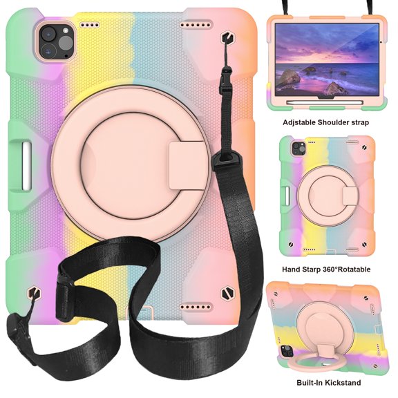 Dteck Kids Case for iPad Pro 11 inch 2024,Heavy Duty Silicone Cover with Stable Kickstand, Multi-Functional Grip, Carrying Strap, Pencil Holder for iPad Pro 11-in. (M4) 2024,Colorful/Pink