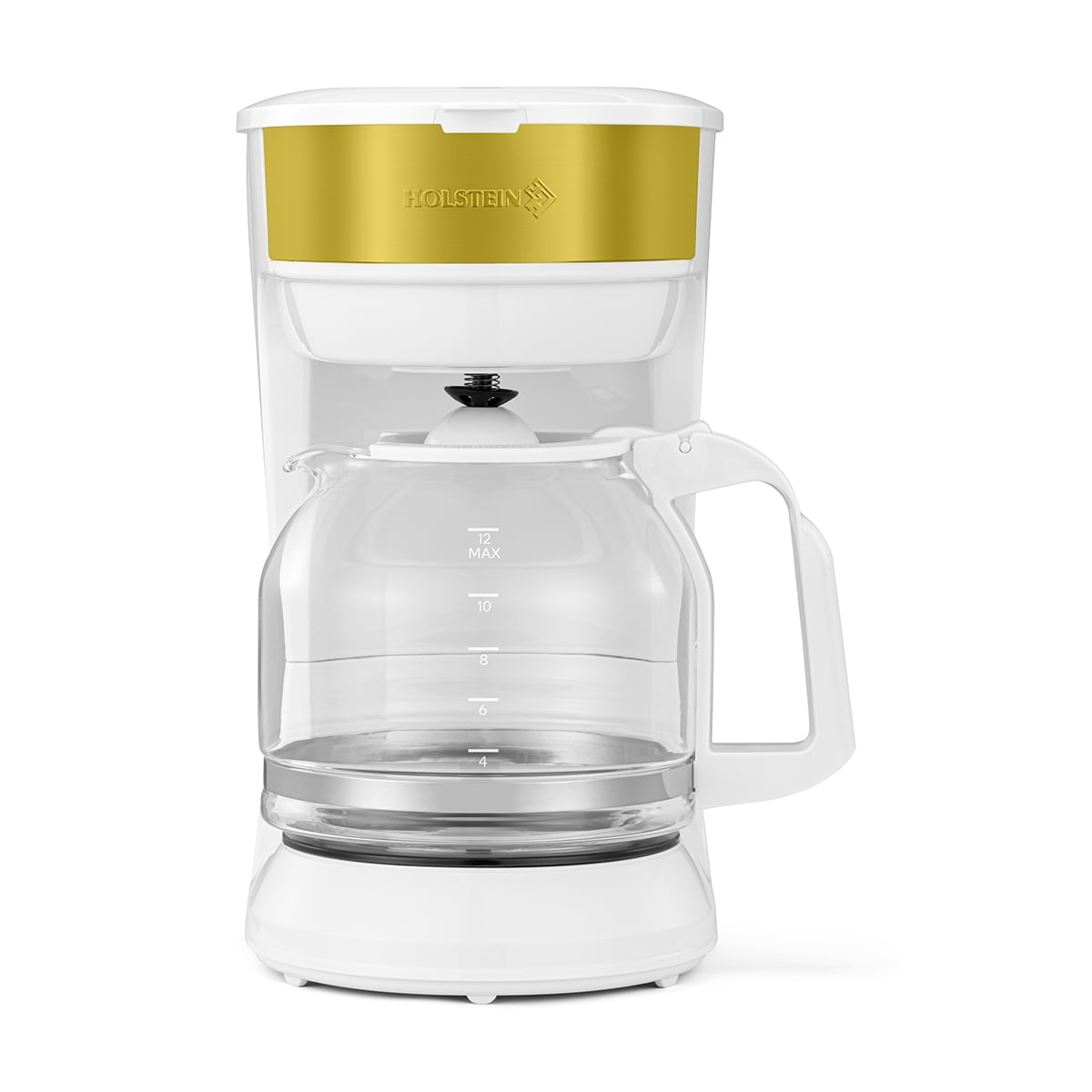 Holstein Housewares 12-Cup Drip Coffee Maker with Auto Keep Warm and Permanent Filter - Compact and User Friendly Design with Auto Pause and Serve Functions, White and Gold