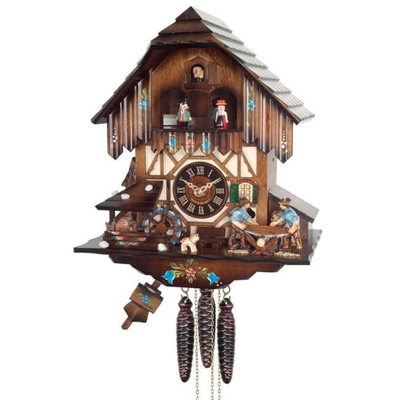 One Day Musical Cuckoo Clock with Men Sawing Wood  Waterwheel  and Dancers