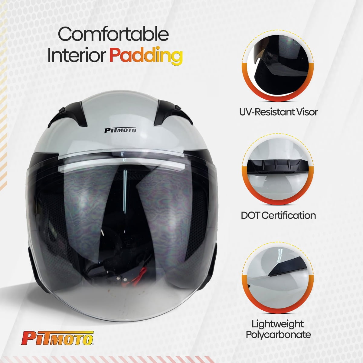 PITMOTO Open-Face Motorcycle Helmet. DOT, Model PM-768-Gray-X-Large