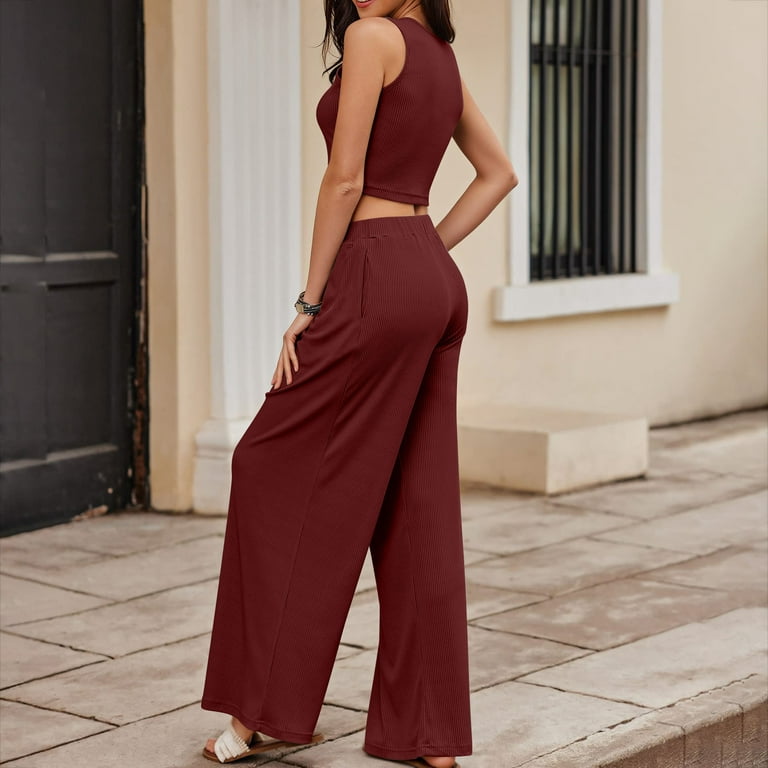 REORIAFEE 2 Piece Outfits for Women Loose Casual Suit 70s Outfits Women's  Casual Home Sleeveless Yoga Slim Fit Wide Leg Pants Knit Two Piece Set Red  XXL 
