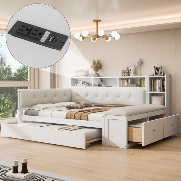 Harper & Bright Designs Full Size Daybed with Padded Upholstered Headboard & Side Bench Cushion, Wood Daybed Frame with Trundle, Storage Shelves, Bench, Charging Station for Bedroom, White