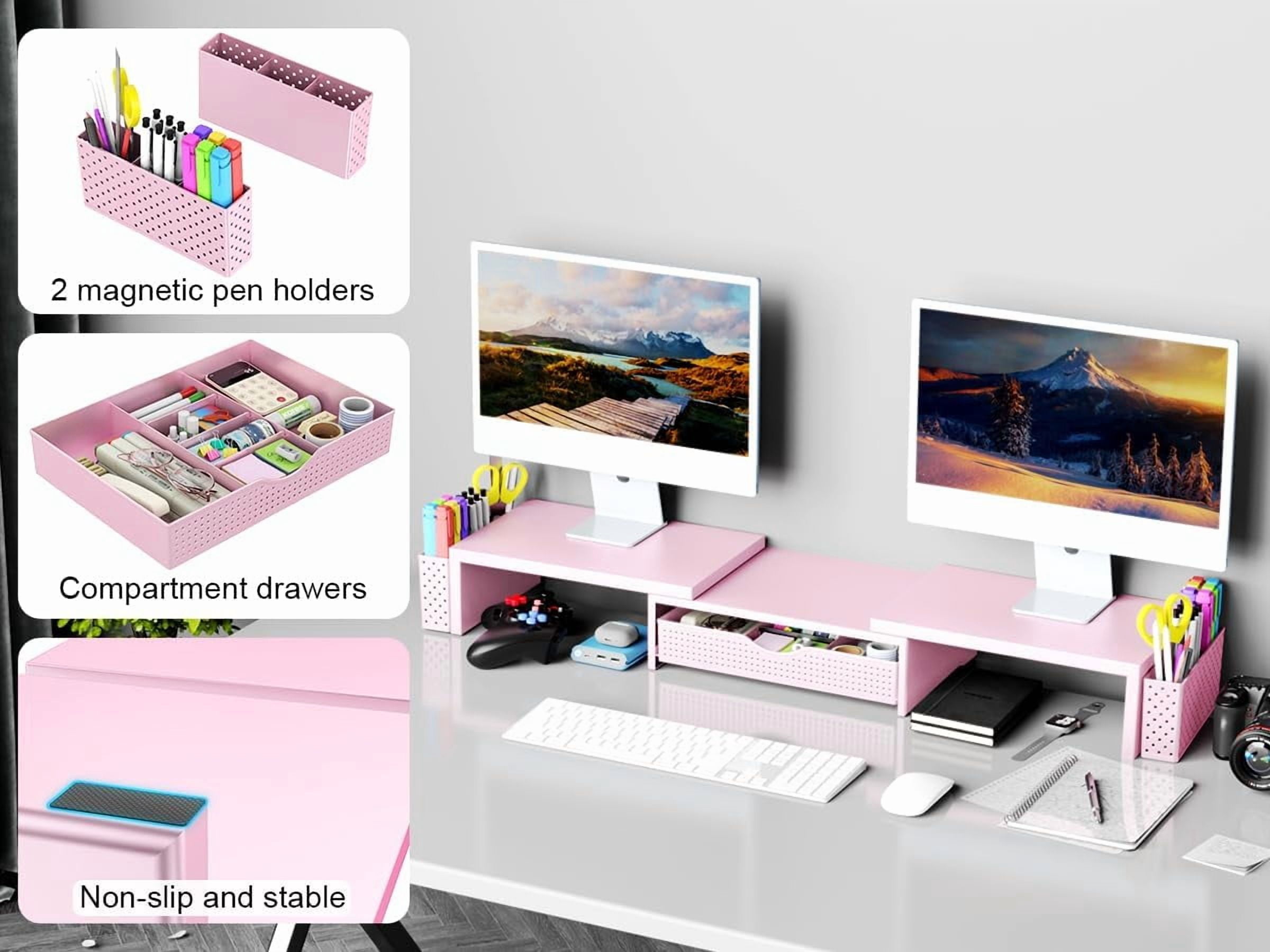 Metal Dual Monitor Stand Riser with Drawer & 2 Pen Holders - Ergonomic Desk Storage Organizer