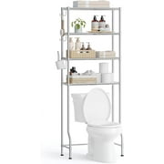 SONGMICS 4 Tier Over The Toilet Storage - Metal Storage Rack with Adjustable Shelves, Hooks, and Roll Holder - Space-Saving Bathroom Shelf Organizer, Silver Gray