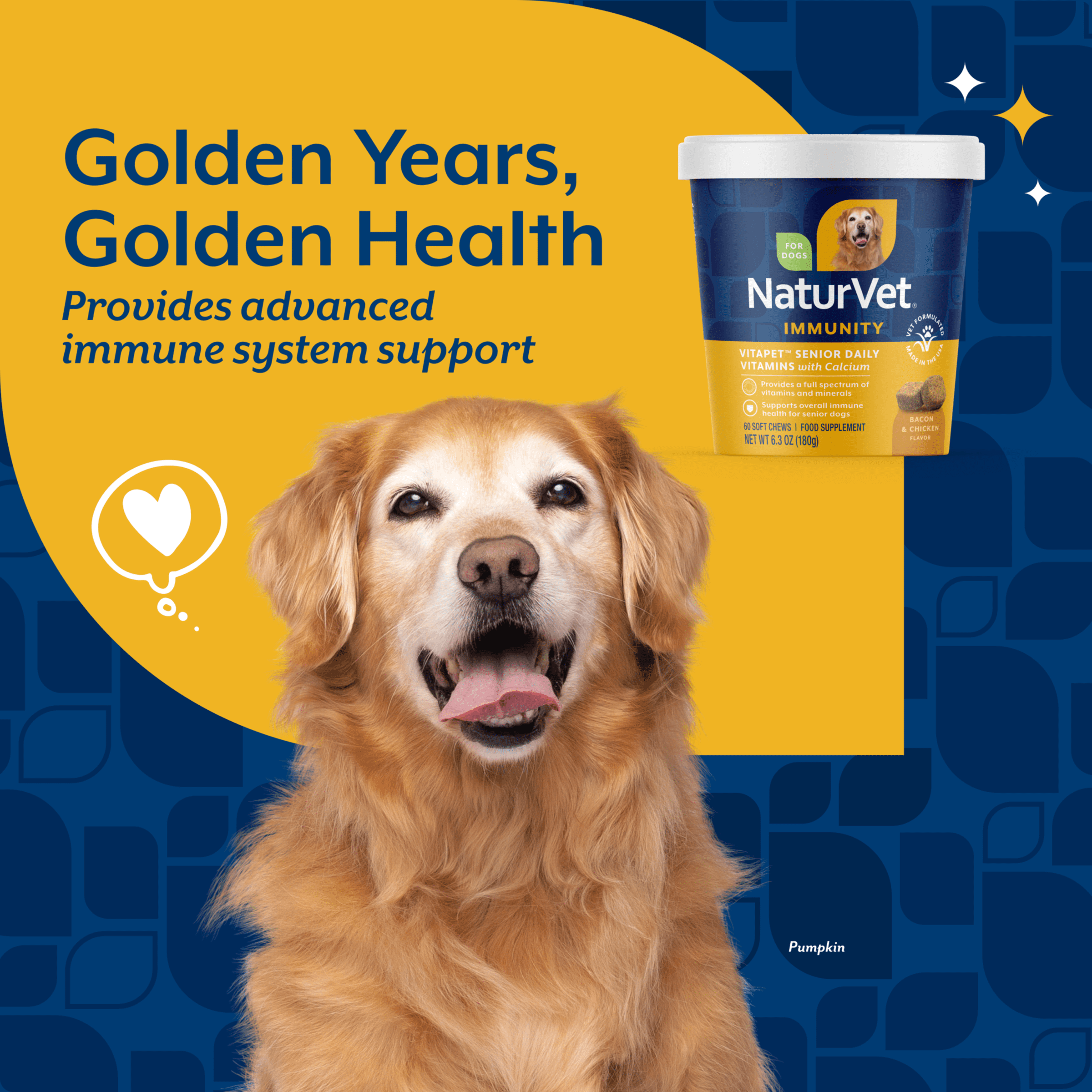 NaturVet VitaPet Senior Daily Vitamins Immunity Supplement for Dogs, Bacon and Chicken Flavor, 60 Count
