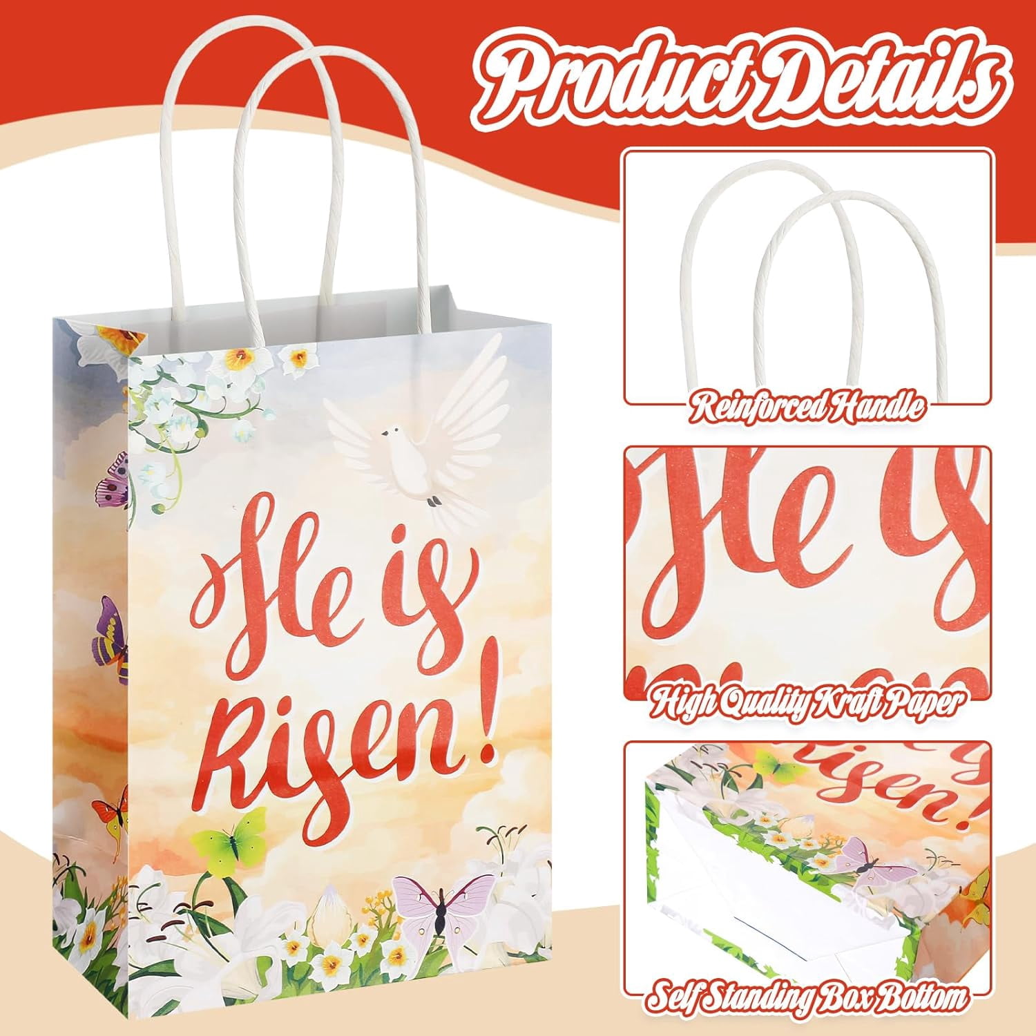30Pcs Easter Gift Bags with Handle He Is Risen Party Favor Paper Christian Church Religious Cross Goodie Candy Treat Paper Bag for Easter Resurrection Baptism Birthday Wedding Decor