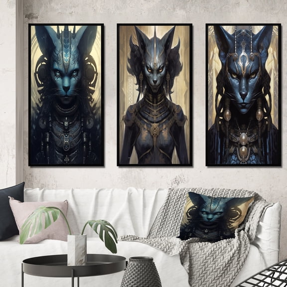 Designart "Bastet Ancient Egyptian Cat Goddess VIII" Fashion Woman Framed Wall Art Set Of 3 - Black Glam Frame Canvas Set For Living Room Decor