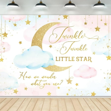 Twinkle Twinkle Little Star Gender Reveal Backdrop 5Wx3H Photography Boy or Girl How We Wonder What You are Background Pink Blue Moon Clouds Party Decorations Banner