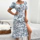 thumbnail image 4 of Puntoco Vestido De Manga Corta Con Cuello En V, Vestido Informal Y Sexy De Verano Con Cuello Cuadrado Y Manga Abullonada Con Abertura Floral, Estilo Festivo, Azul Claro Xl, 4 of 6