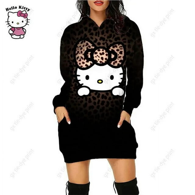 Nouveau Chandail à Capuchon Léopard Hello Kitty Femme Simple Col Rond Polyvalent Chandail Long Bureau Décontracté Ample Chandails à Capuchon Robe d'Automne