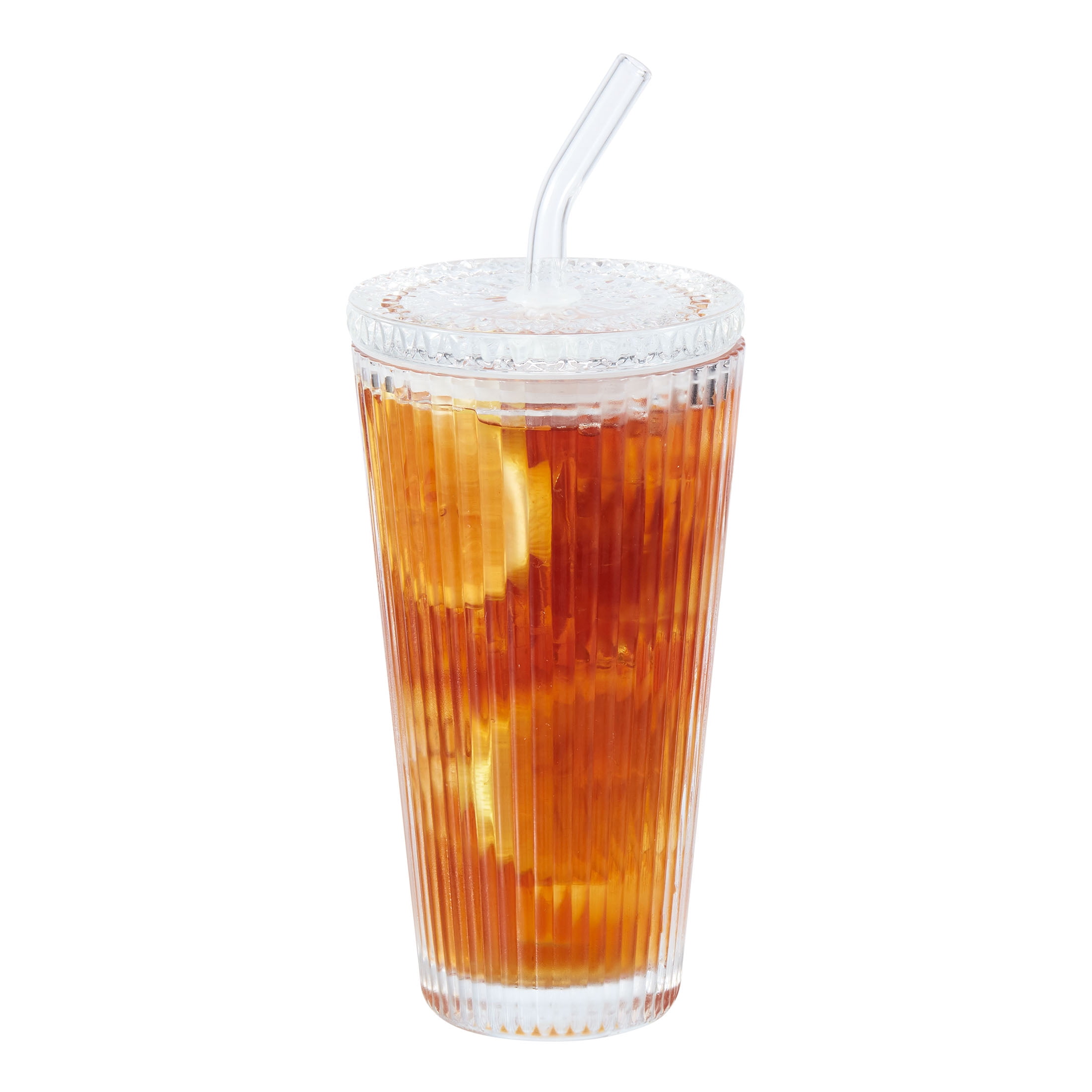 Better Homes & Gardens 21 oz Ribbed Glass Tumbler with Glass Lid and Straw