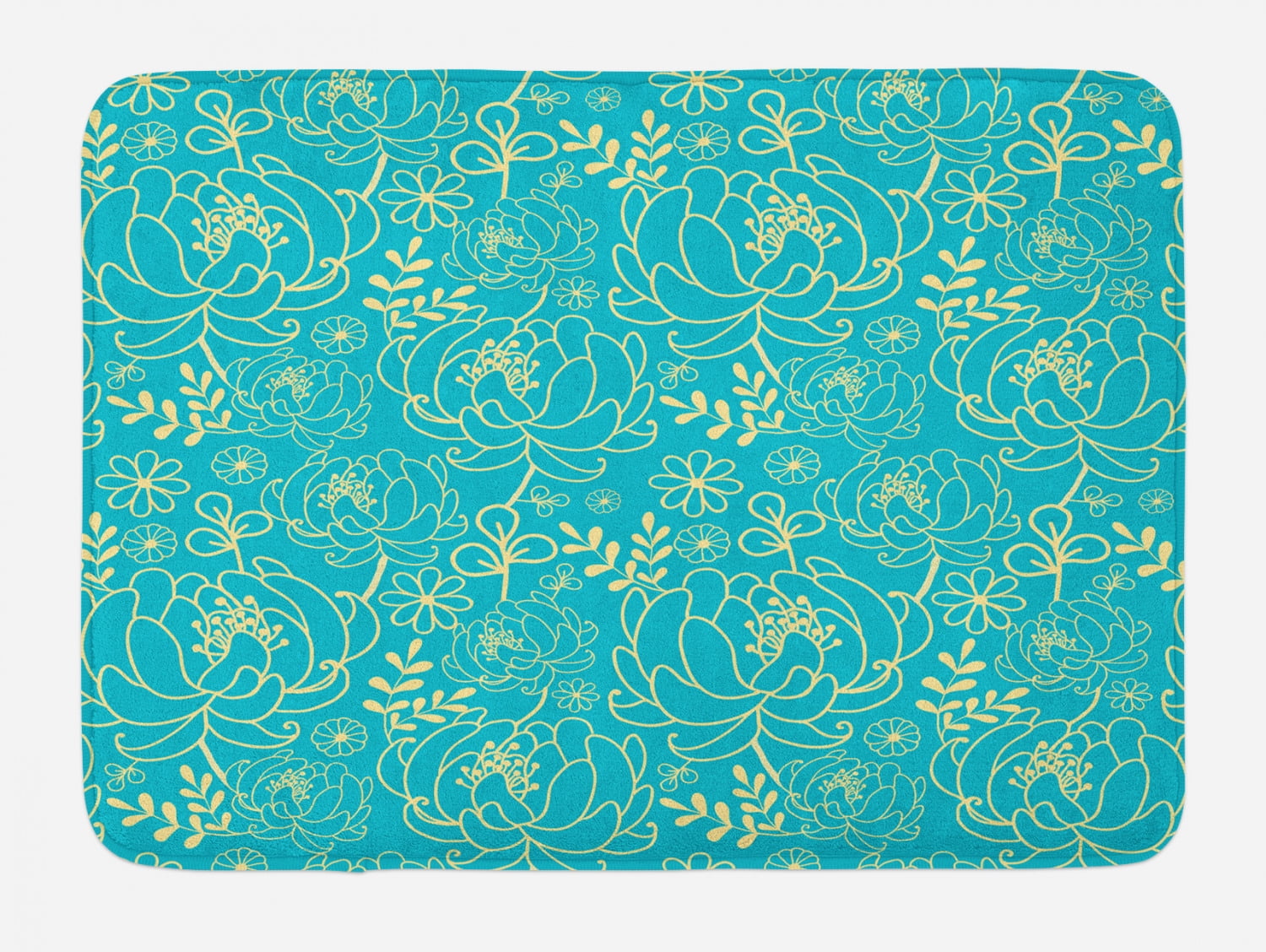 Yellow and Blue Bath Mat, Classic Floral Twig Leaves Blooms Petals Essence Flowers Design, Non