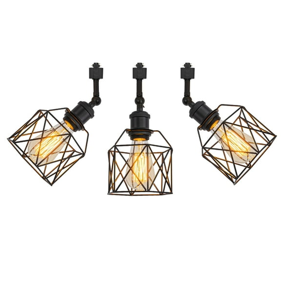 KAYYELAMP Set of Three Black Metal Track Lamp E26 Base Hollow Cage Adjusted Rotated Angle H-Type Track Head Lighting Vintage Design for Wall Painting Kitchen(No Bulb, Track)