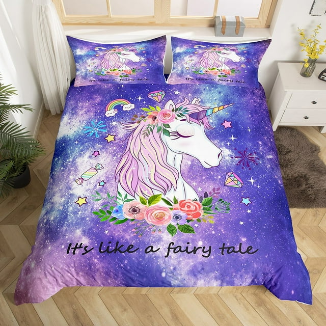 Unicorn Gifts for Girls,Kawaii Duvet Cover Glitter Galaxy Bedding Set