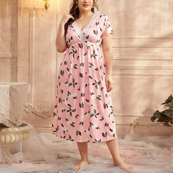 RYDCOT Nightgowns for Women Plus Size Clearance Short Sleeve Floral Nightgown Sleep Dress for Women Lace V Neck Patchwork Pajama Dress Sale or Clearance