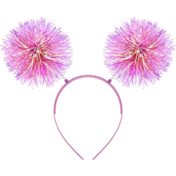 BZCOE Foil Strips Pom Pom Headband Glitter Tinsel Headband Pink Hair Accessories for Women,Fluffy Pom Ball Headbands for Halloween Cosplay Christmas Day Party(Pink)