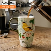 Topadorn Vintage Goldfinch Botanical Ceramic Travel Mug, 17oz, Bird & Floral Print, Spill-Resistant Lid, Microwave & Dishwasher Safe, Gift Boxed